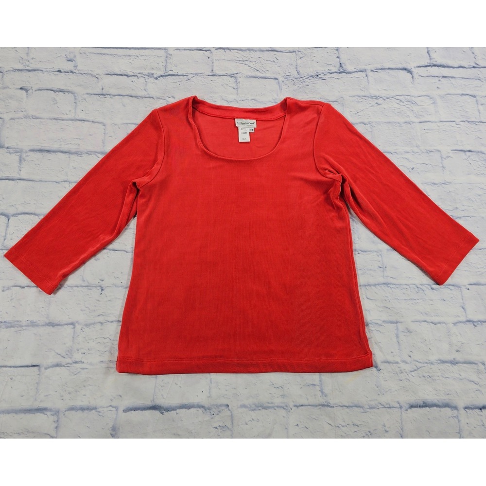 Coldwater Creek Top Women M Orange Ribbed Scoop Neck 3/4 Sleeve Classic Chic